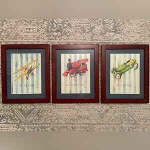 Planes, trains, and automobiles framed prints.